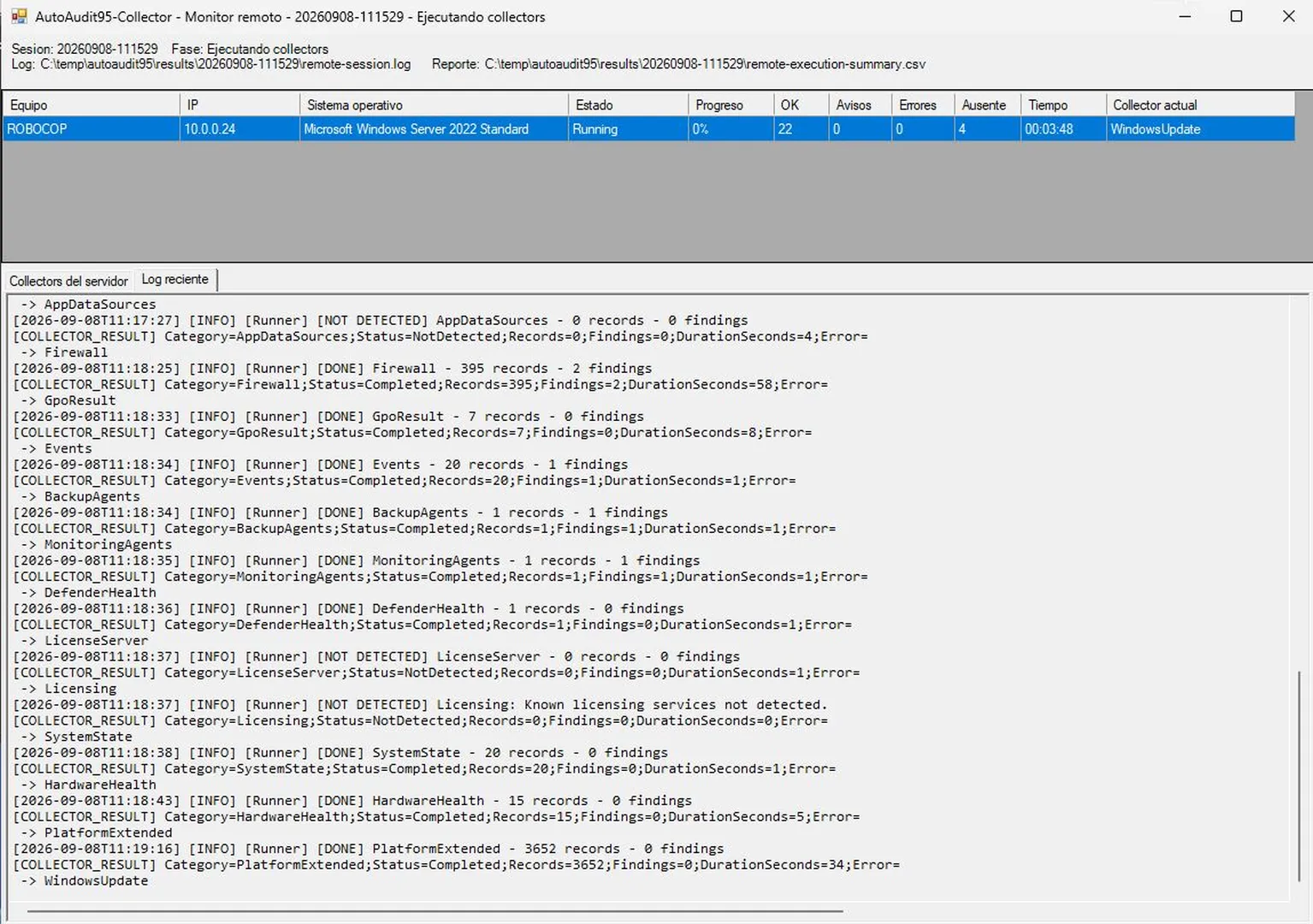 La recogida, categoría a categoría — El monitor va diciendo qué está recogiendo y cuántos registros y hallazgos lleva cada categoría. Todo de solo lectura: no instala, no habilita, no cambia configuración.