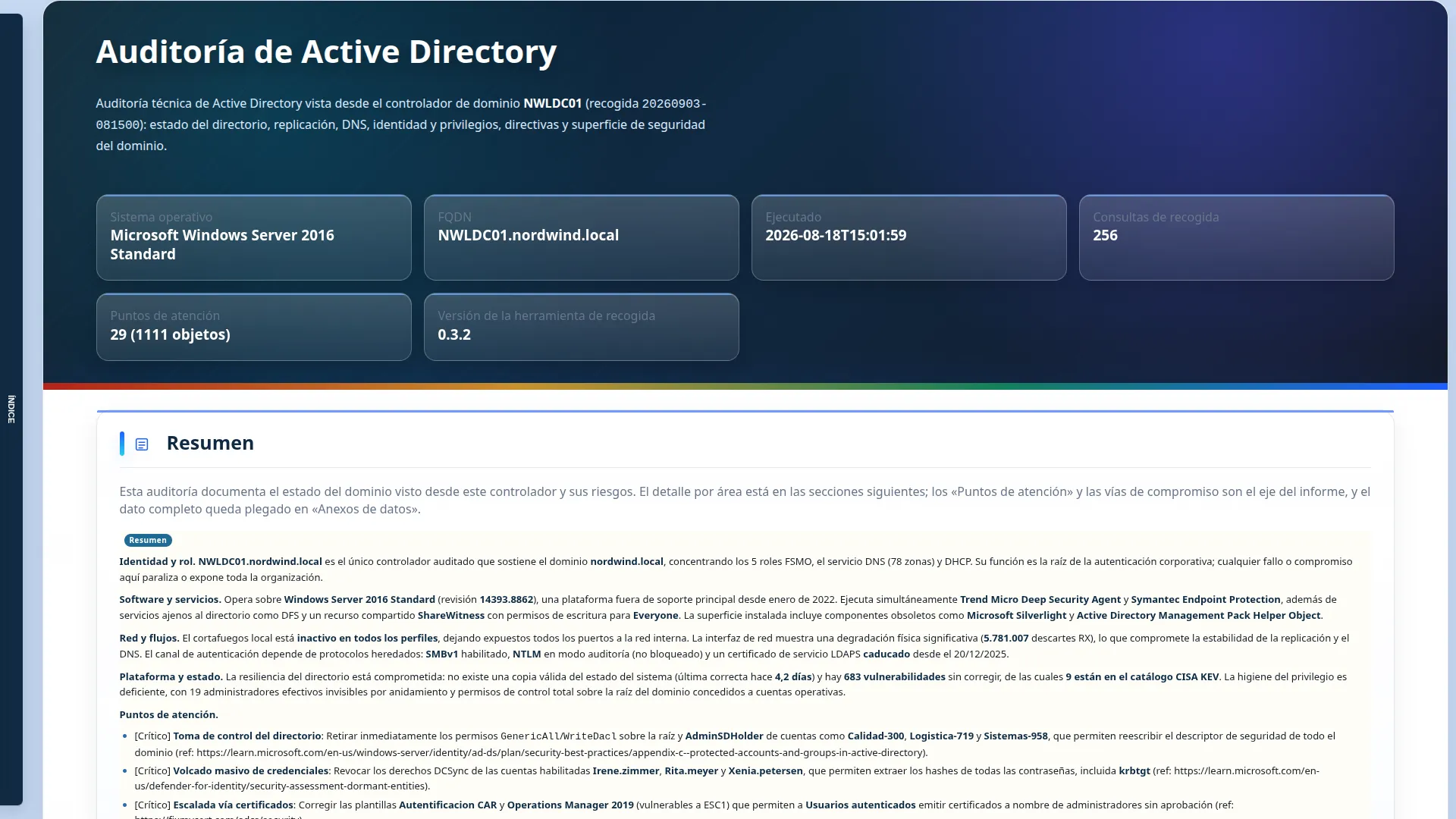 El informe de Active Directory — Portada con la ficha del controlador auditado: sistema, dominio, fecha de recogida, categorías recogidas y puntos de atención. Todo con su procedencia.