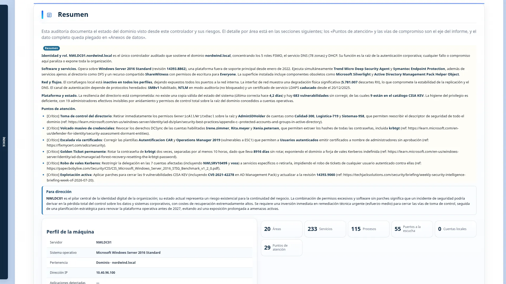 Resumen ejecutivo y perfil de la máquina — La lectura para quien decide —identidad, software, red, plataforma, puntos de atención— y debajo el perfil técnico completo del servidor.
